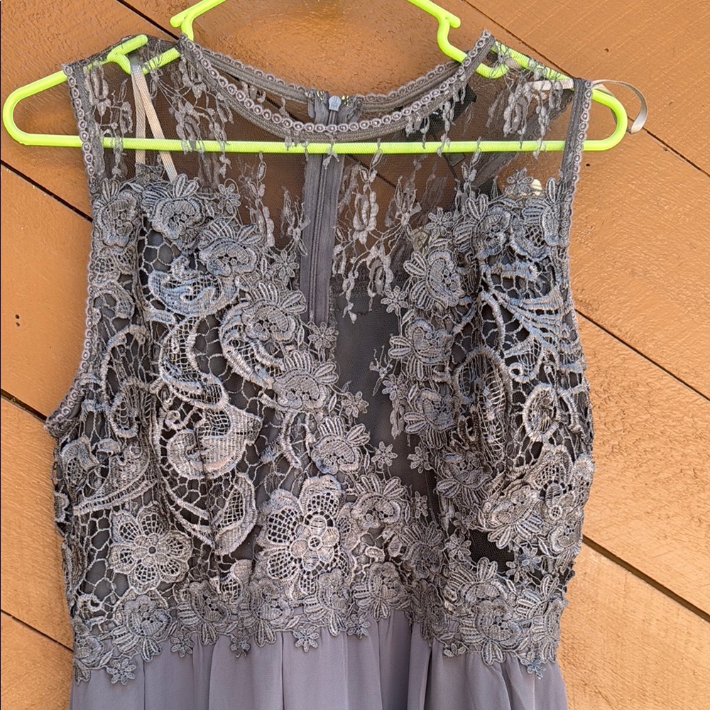 AX Paris Charcoal Lace Dress full length Bodice lace lower skirt chiffon lined!